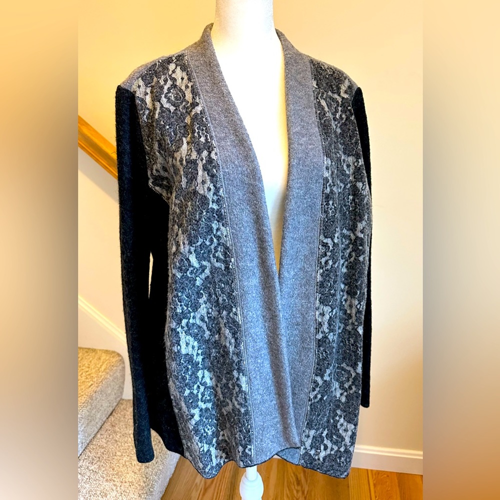 Apropos jacket sweater, mix of light and dark gray and lace. Size large.